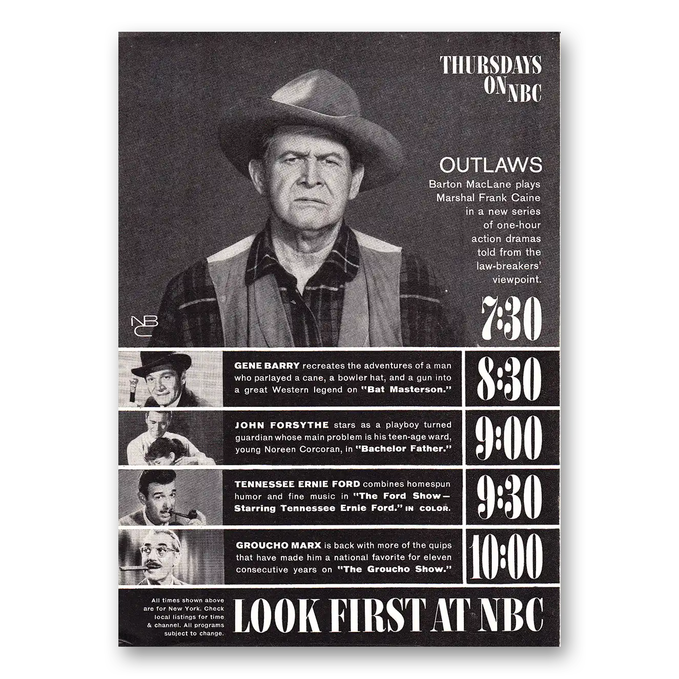 1960 Outlaws Promo Thursdays on NBC Vintage Magazine Print Ad