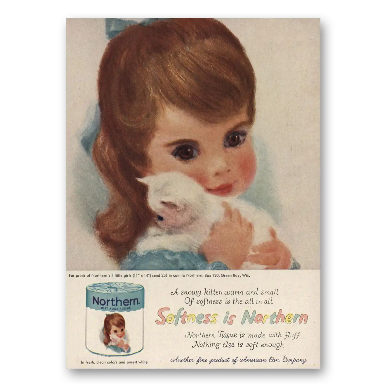 1960 Northern Tissue Snowy Kitten Warm and Small Vintage Magazine Print Ad