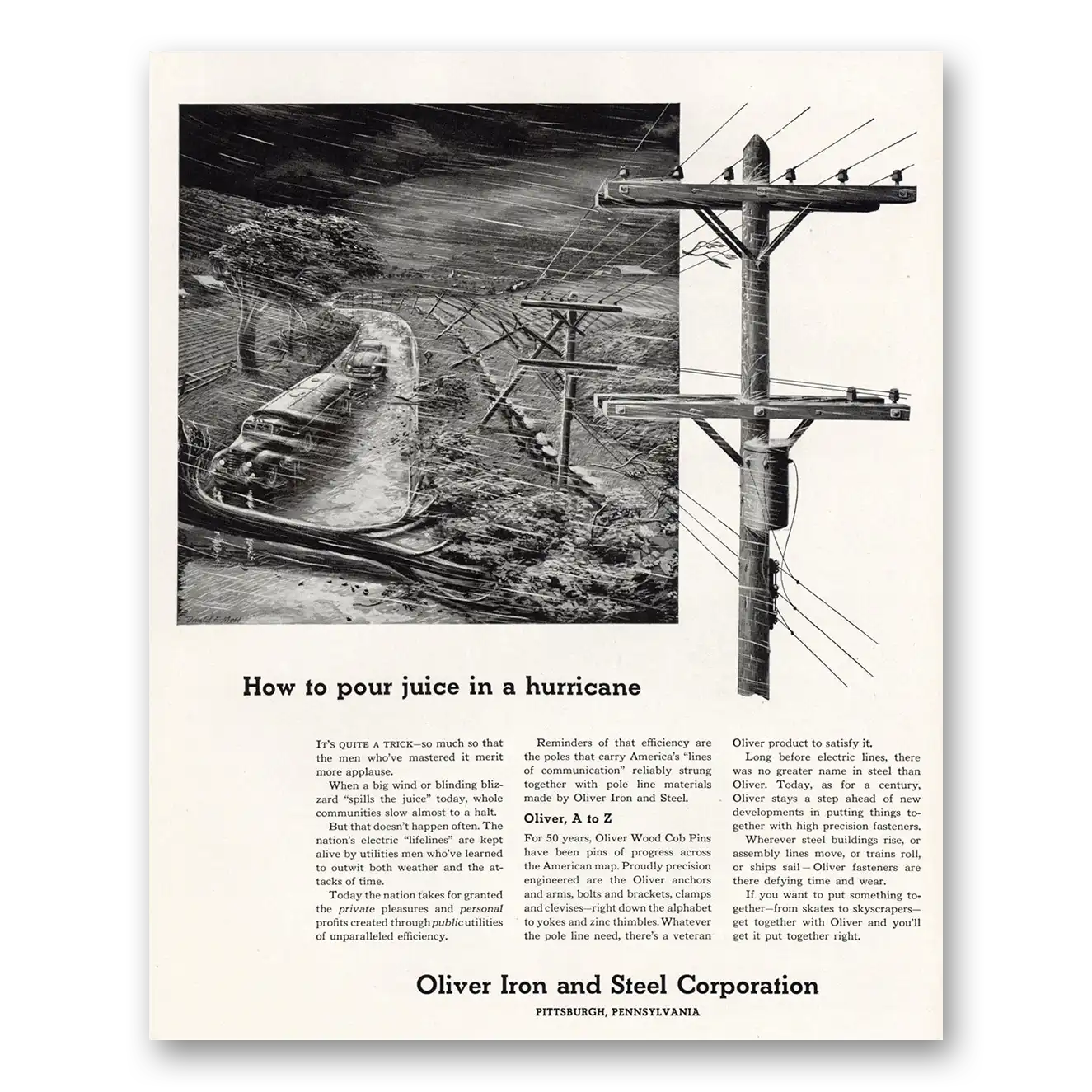 1951 Oliver Iron and Steel How To Pour Juice In a Hurricane Vintage Magazine Print Ad