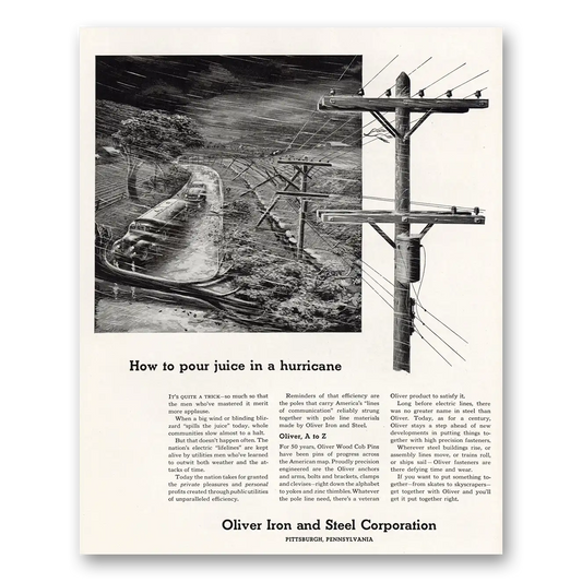 1951 Oliver Iron and Steel How To Pour Juice In a Hurricane Vintage Magazine Print Ad