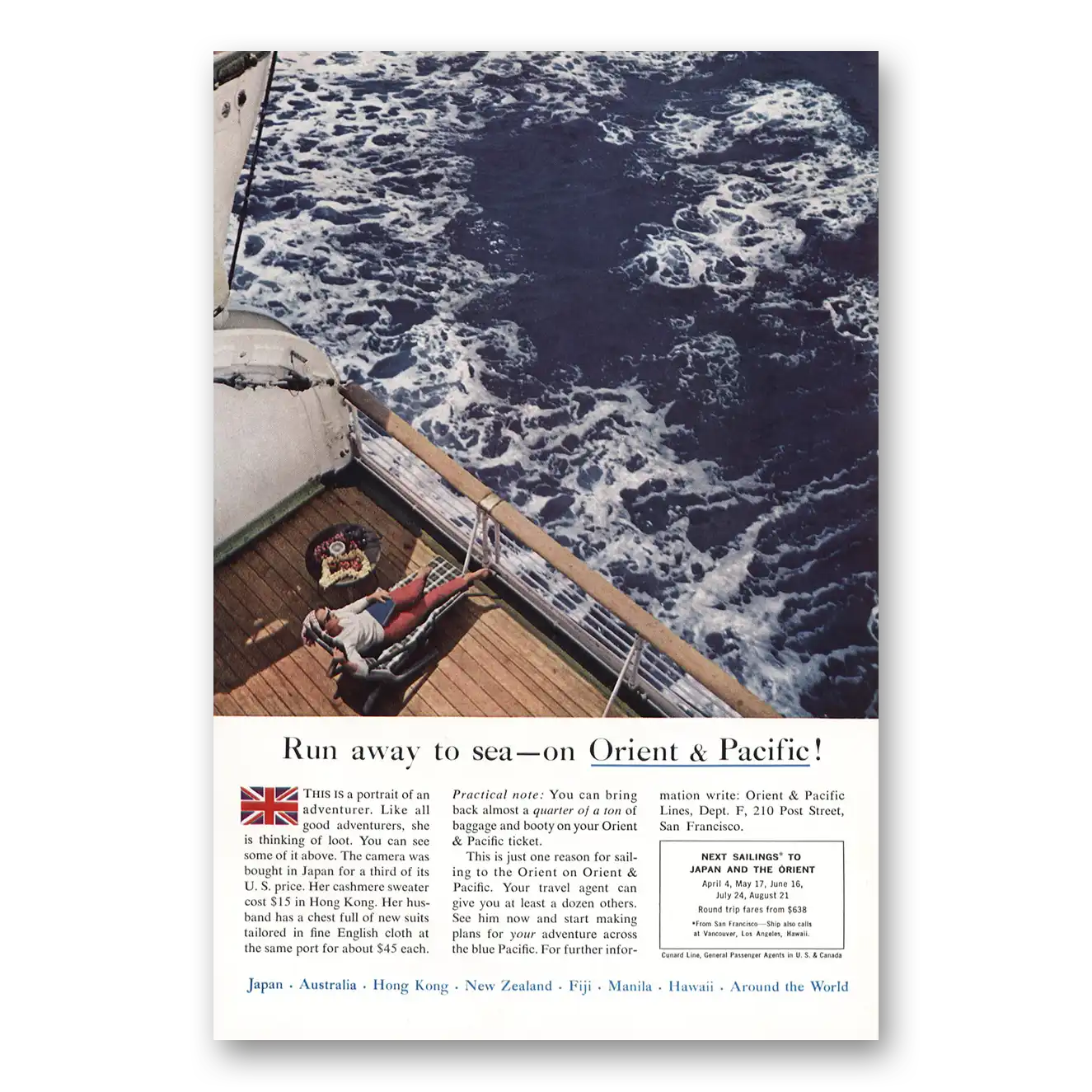 1960 Orient & Pacific Lines Run Away to Sea Vintage Magazine Print Ad