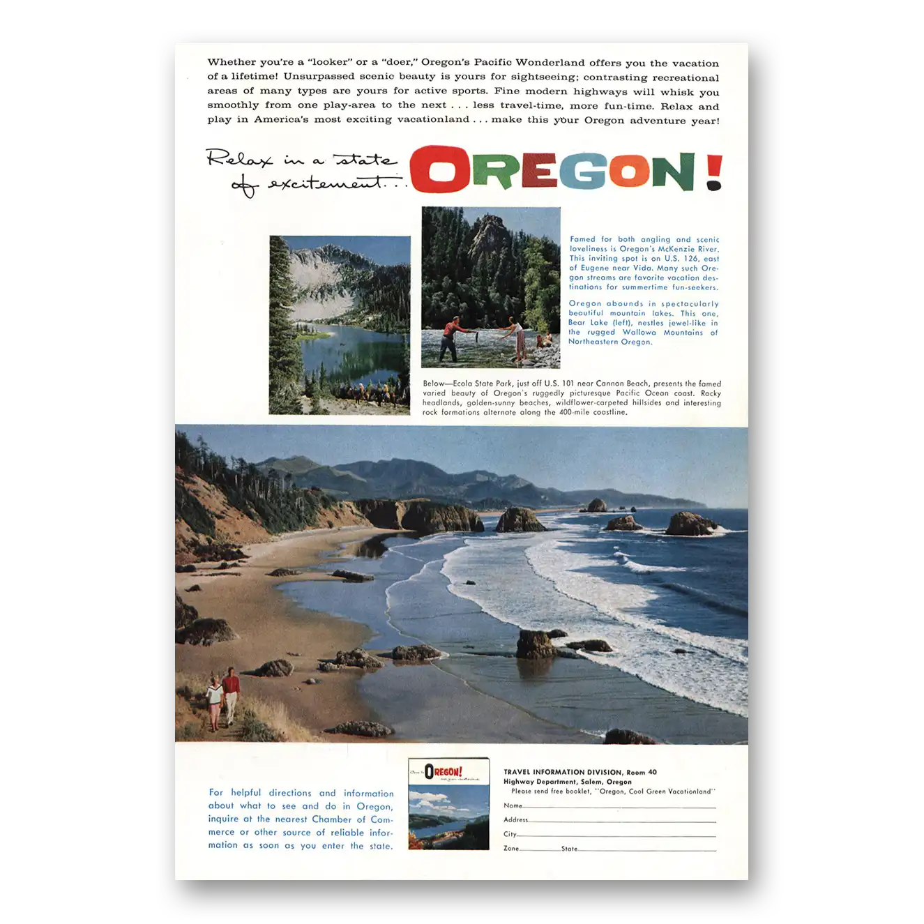 1960 Oregon Ecola State Park Vintage Magazine Print Ad