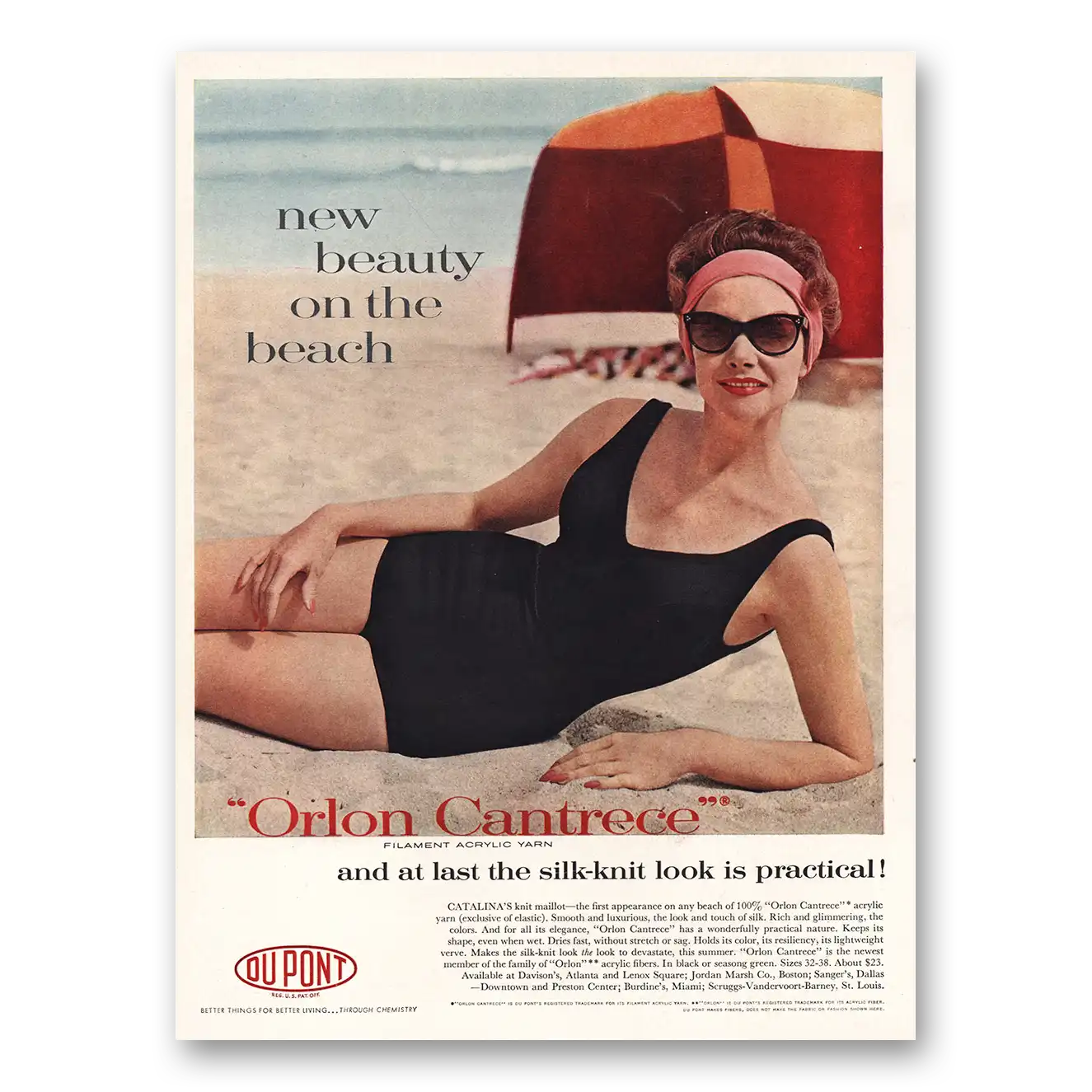 1960 DuPont Orlon Cantrece Catalina Knit Maillot Bathing Suit Vintage Magazine Print Ad