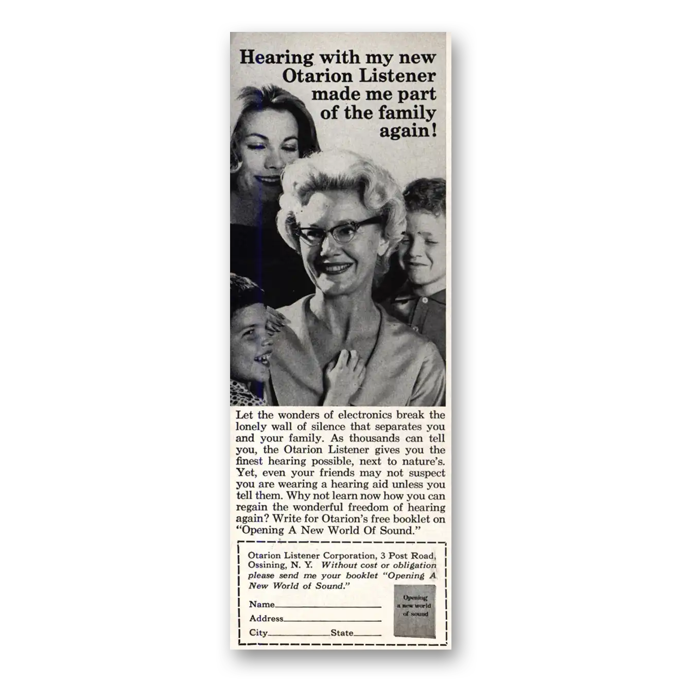 1960 Otarion Listener Hearing Aid Made Me Part of the Family Again Vintage Magazine Print Ad