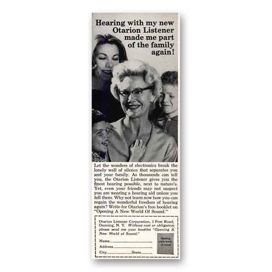 1960 Otarion Listener Hearing Aid Made Me Part of the Family Again Vintage Magazine Print Ad