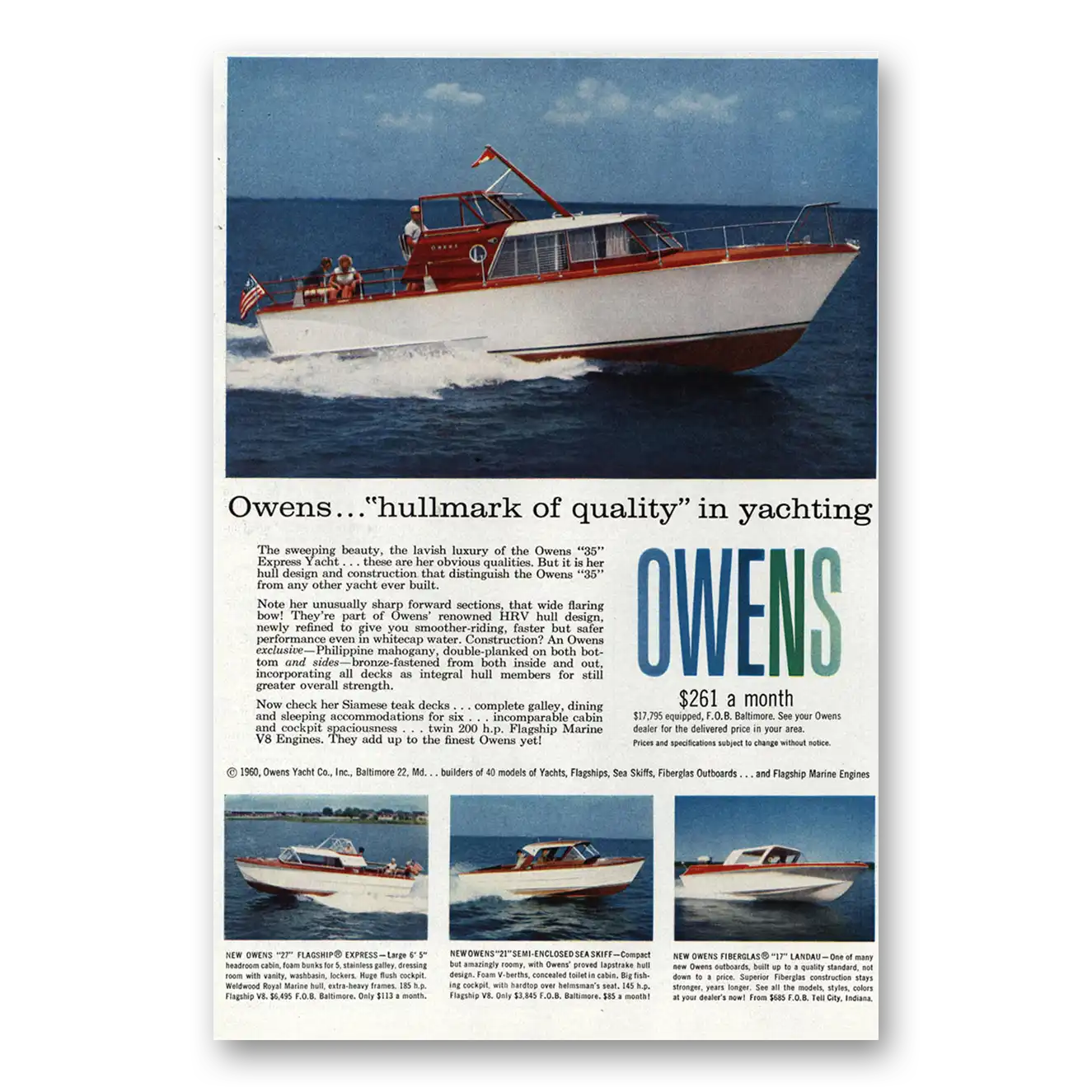 1960 Owens Yacht Company Hullmark of Quality in Yachting Vintage Magazine Print Ad