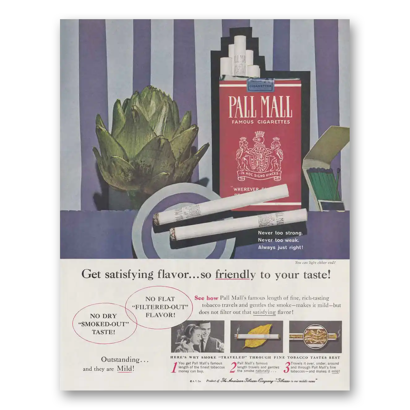 1960 Pall Mall Cigarettes Satisfying Flavor Vintage Magazine Print Ad