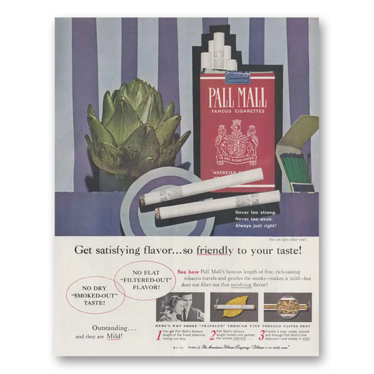 1960 Pall Mall Cigarettes Satisfying Flavor Vintage Magazine Print Ad