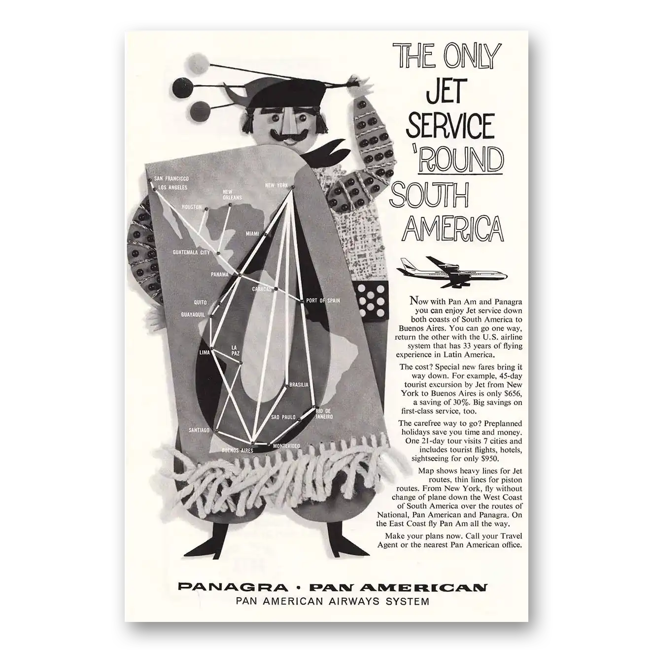 1960 Pan Am Jet Service South America Vintage Magazine Print Ad