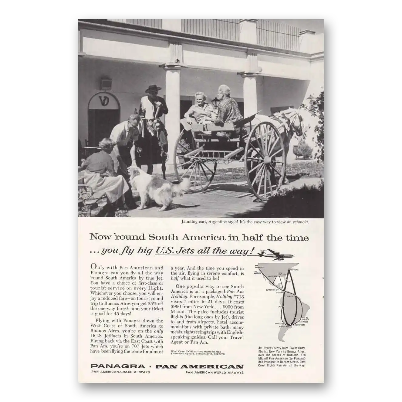 1960 Pan Am Jaunting Cart South America In Half the Time Vintage Magazine Print Ad