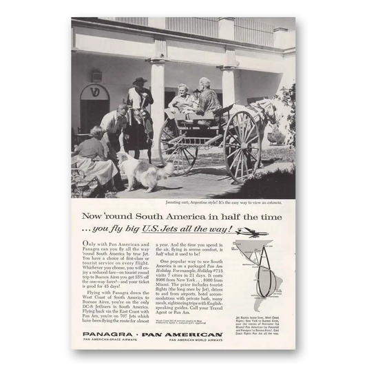 1960 Pan Am Jaunting Cart South America In Half the Time Vintage Magazine Print Ad