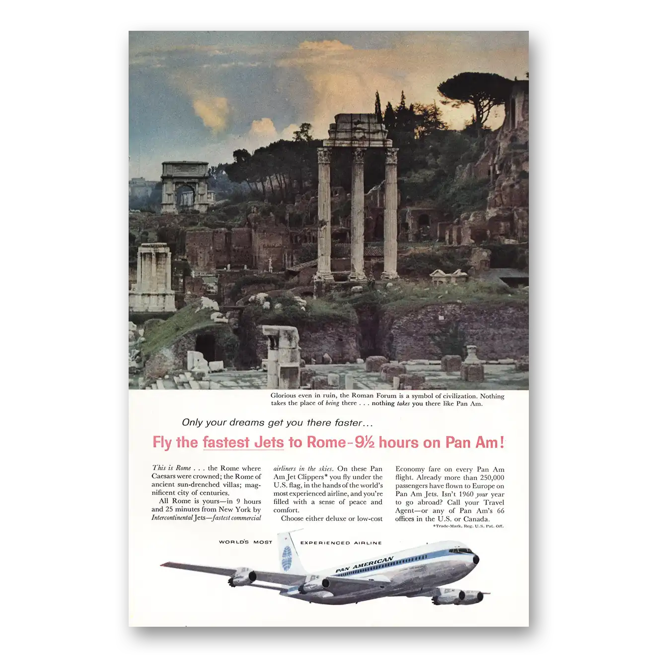 1960 Pan Am Roman Forum Fastest Jets to Rome Vintage Magazine Print Ad