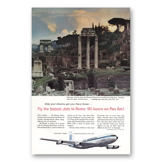 1960 Pan Am Roman Forum Fastest Jets to Rome Vintage Magazine Print Ad