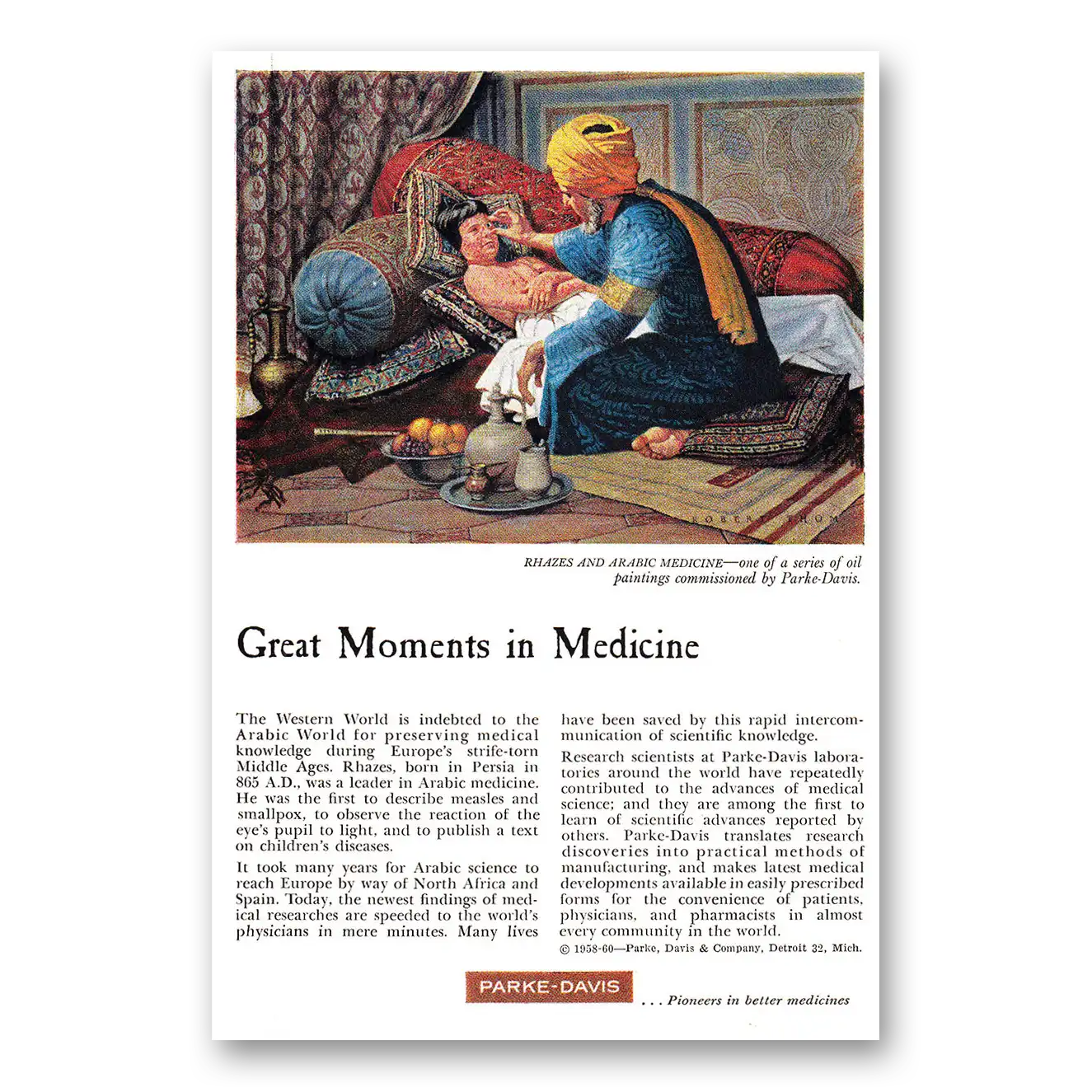 1960 Parke-Davis Rhazes and Arabic Medicine Vintage Magazine Print Ad