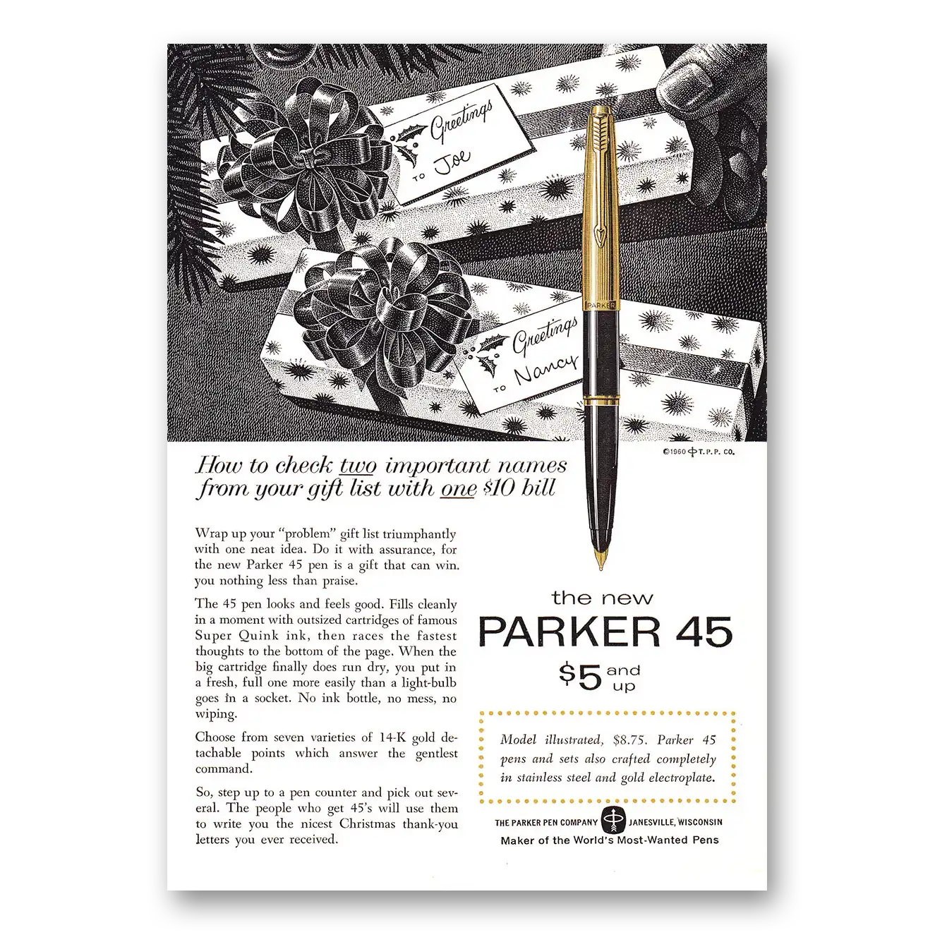 1960 Parker 45 Pen Check Two Important Names Vintage Magazine Print Ad