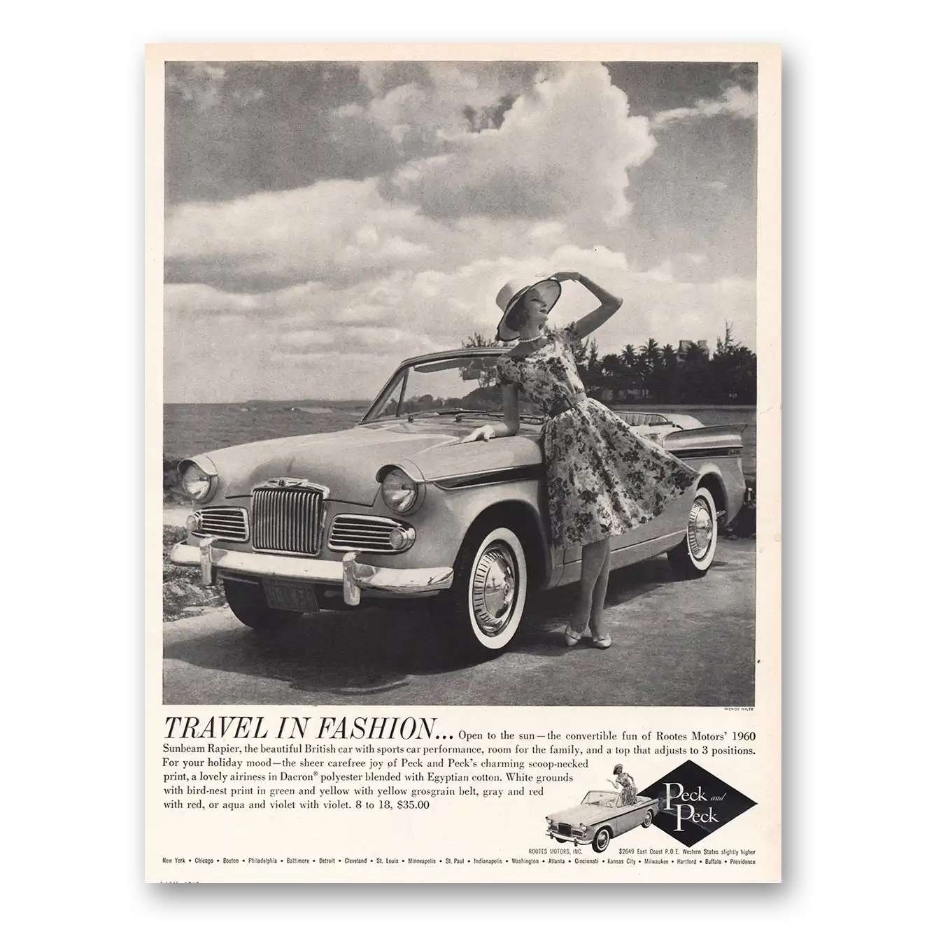 1960 Peck & Peck Fashion Rootes Motors Sunbeam Rapier Vintage Magazine Print Ad