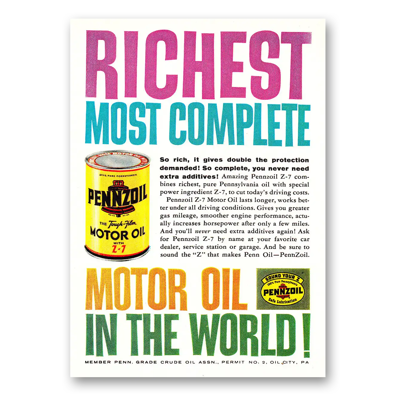 1960 Pennzoil Richest Most Complete Vintage Magazine Print Ad