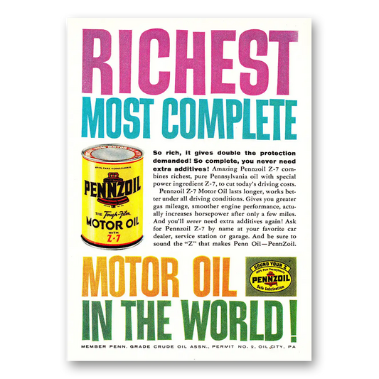 1960 Pennzoil Richest Most Complete Vintage Magazine Print Ad