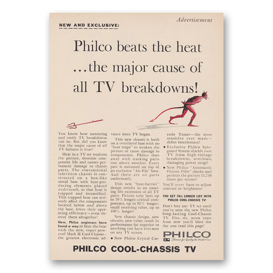 1960 Philco Television Beats the Heat the Major Cause of all TV Breakdowns Vintage Magazine Print Ad