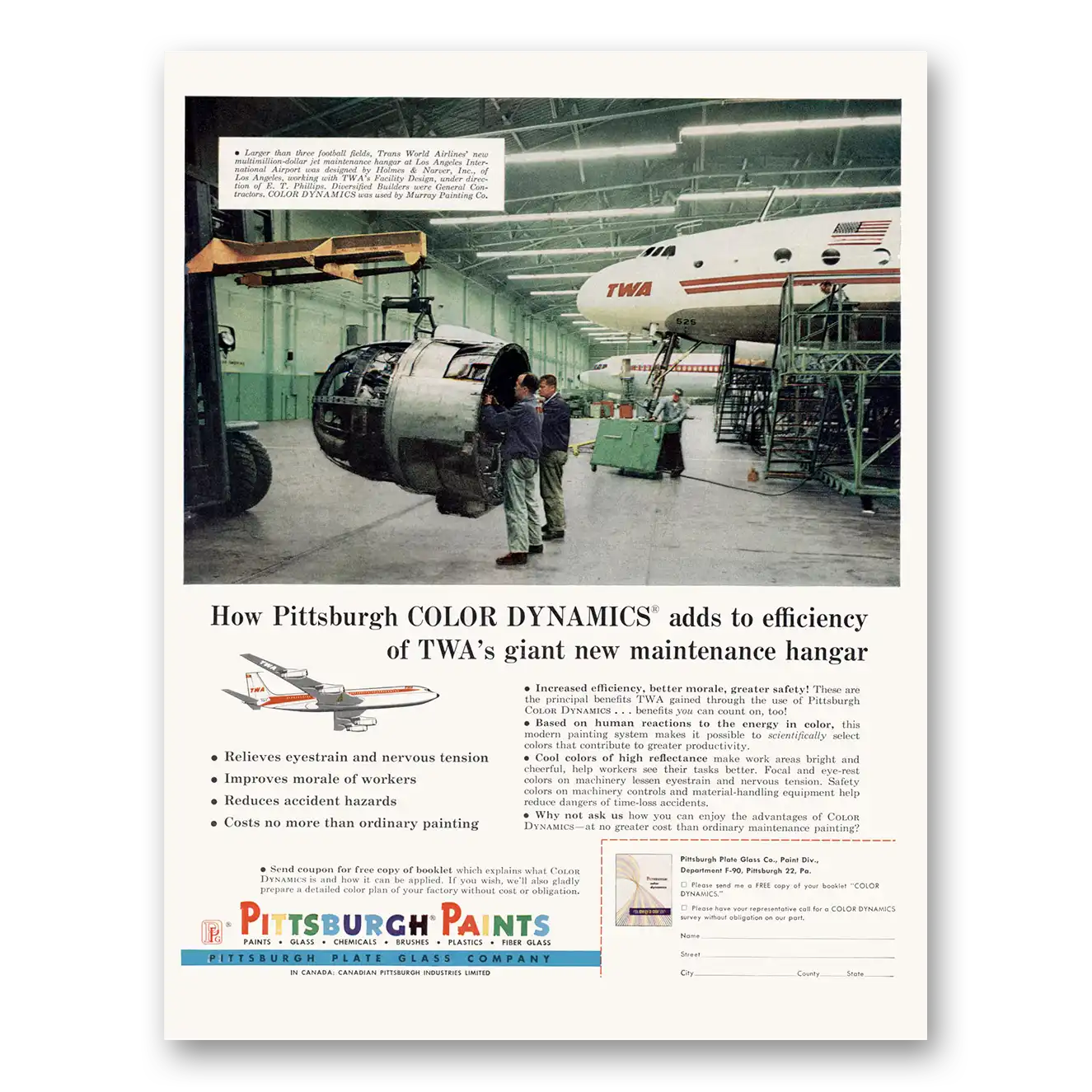 1960 Pittsburgh Paints TWA's Giant New Maintenance Hangar Vintage Magazine Print Ad