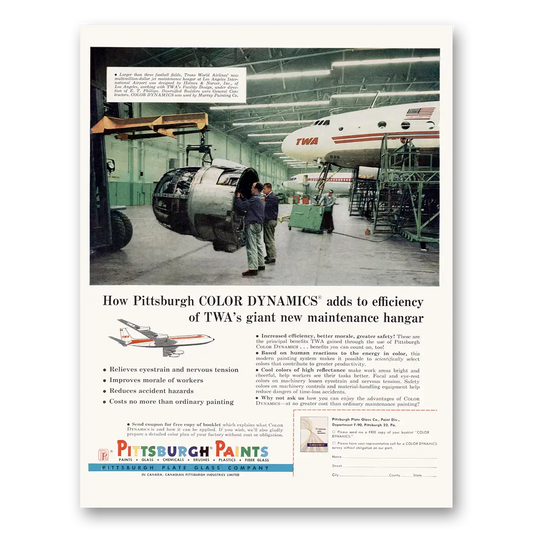 1960 Pittsburgh Paints TWA's Giant New Maintenance Hangar Vintage Magazine Print Ad