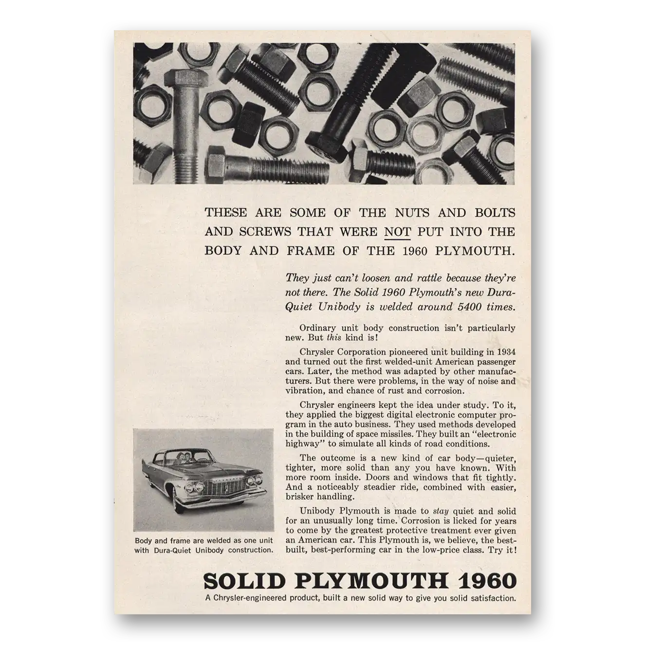 1960 Plymouth Some of the Nuts and Bolts Vintage Magazine Print Ad