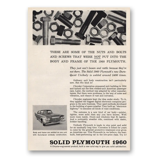 1960 Plymouth Some of the Nuts and Bolts Vintage Magazine Print Ad