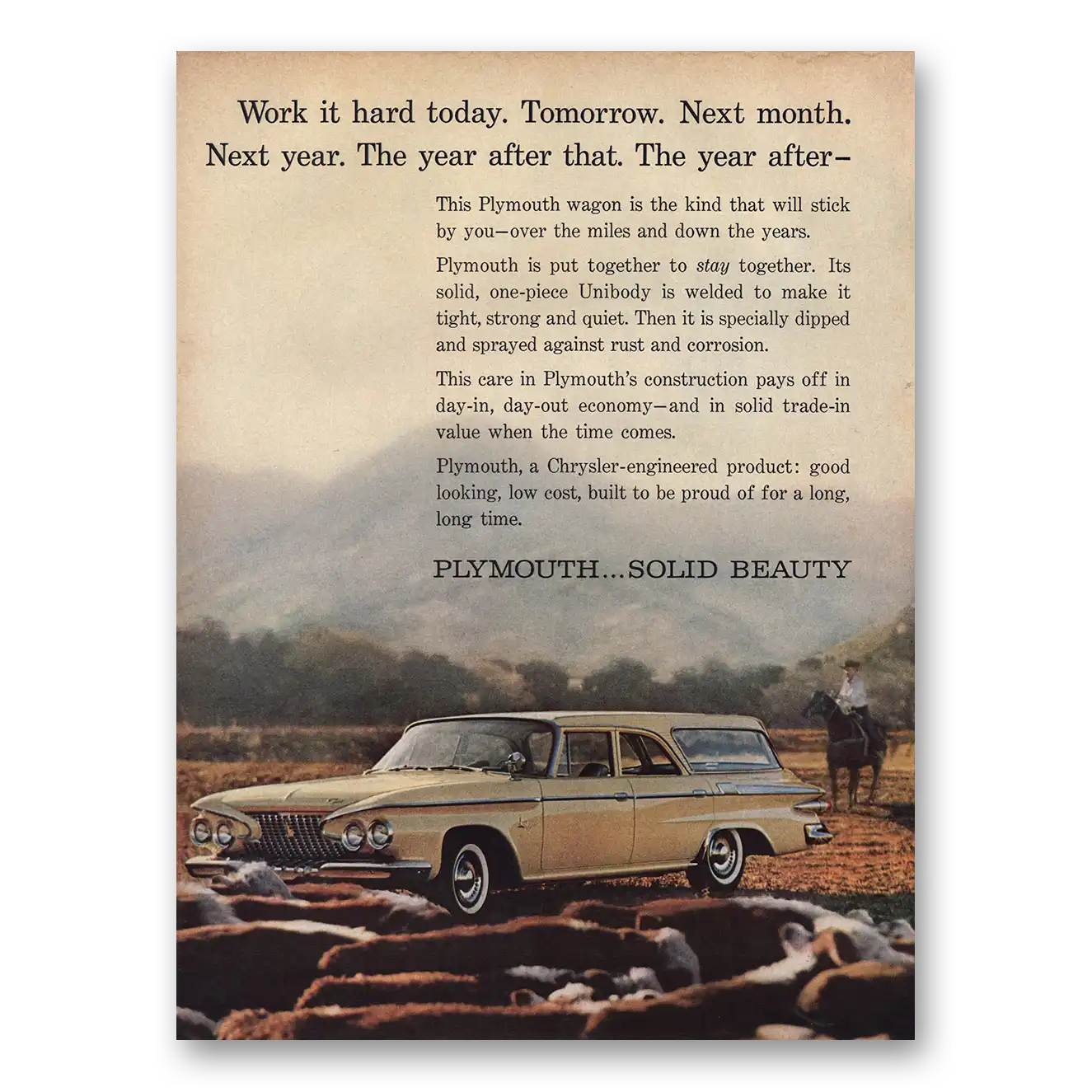 1960 Plymouth Station Wagon Work It Hard Today Vintage Magazine Print Ad