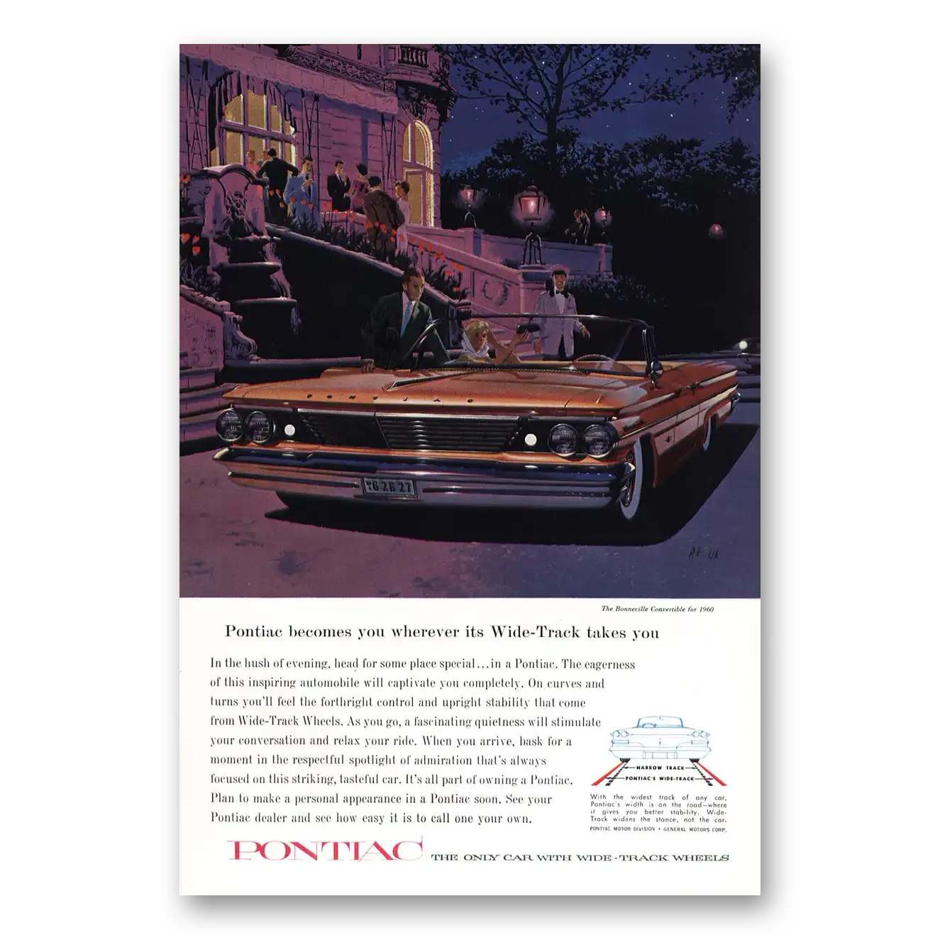 1960 Pontiac Bonneville Wherever Its Wide Track Takes You Hush of Evening Vintage Magazine Print Ad