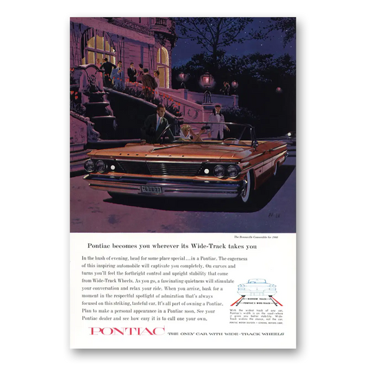 1960 Pontiac Bonneville Wherever Its Wide Track Takes You Hush of Evening Vintage Magazine Print Ad