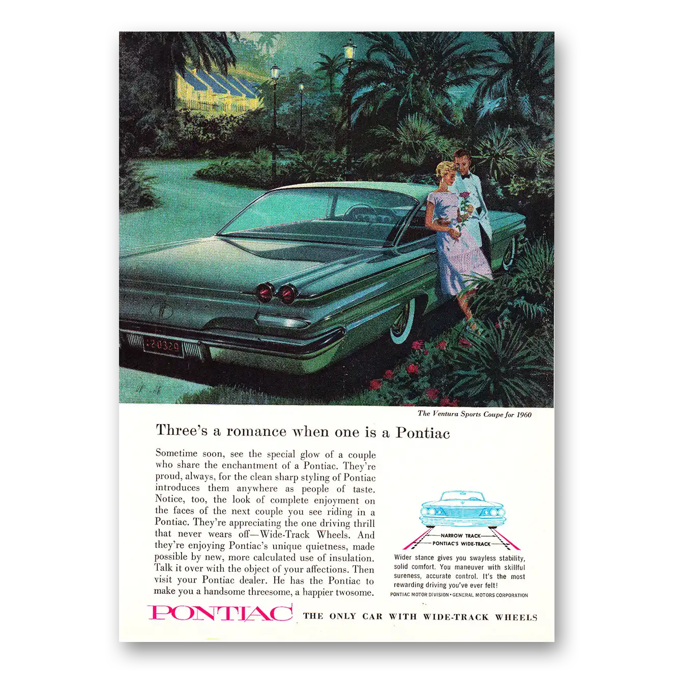 1960 Pontiac Ventura Threes Romance Vintage Magazine Print Ad