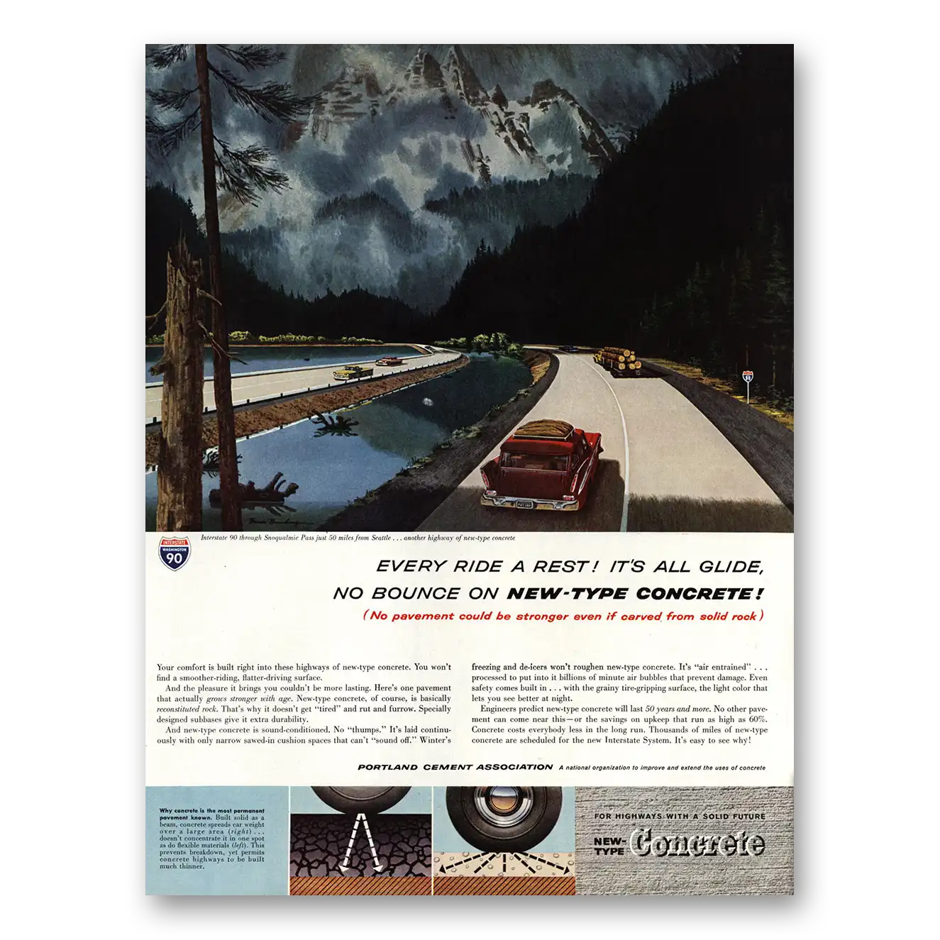 1960 Portland Cement Interstate 90 Snoqualmie Pass Seattle Vintage Magazine Print Ad