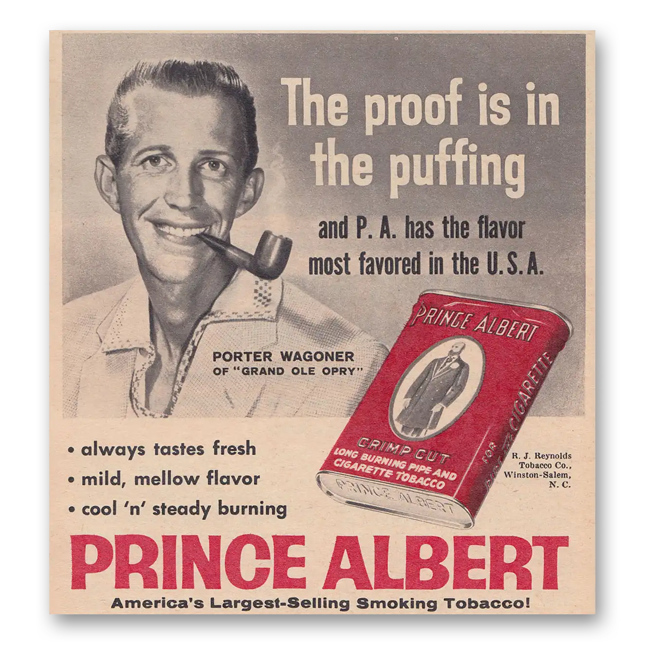 1960 Prince Albert Tobacco Porter Wagoner Proof Is in the Puffing Vintage Magazine Print Ad