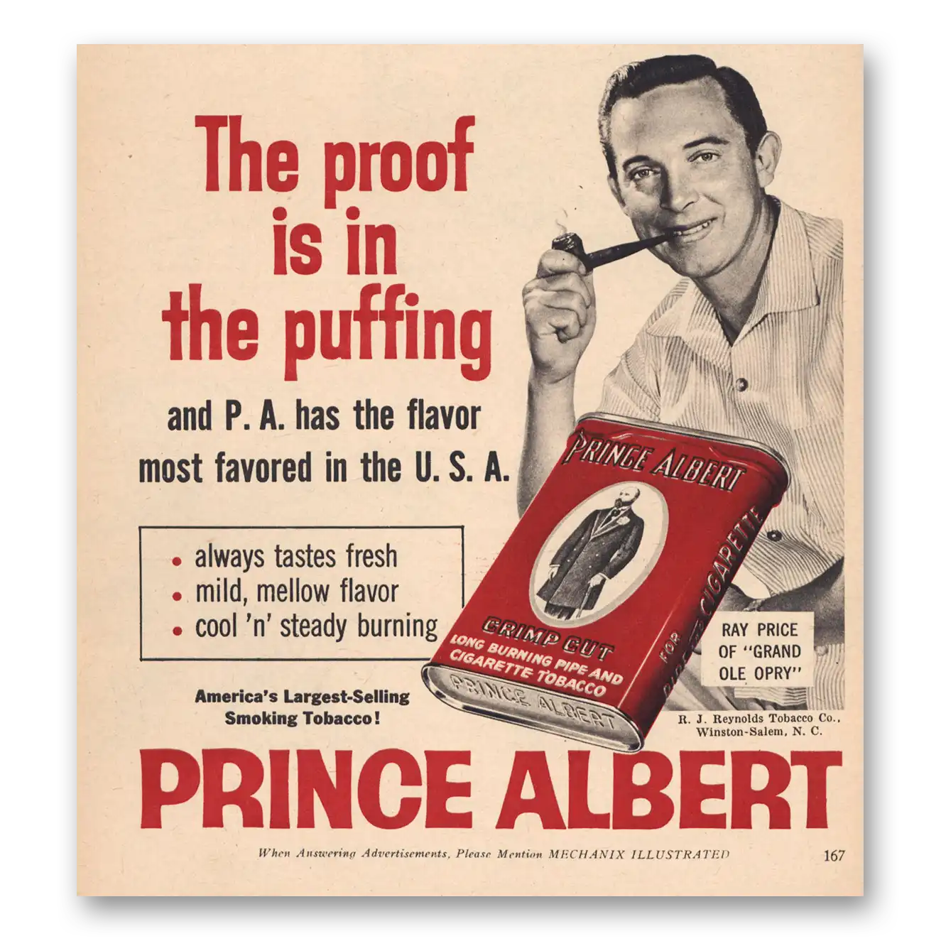 1960 Prince Albert Tobacco Ray Price Vintage Magazine Print Ad