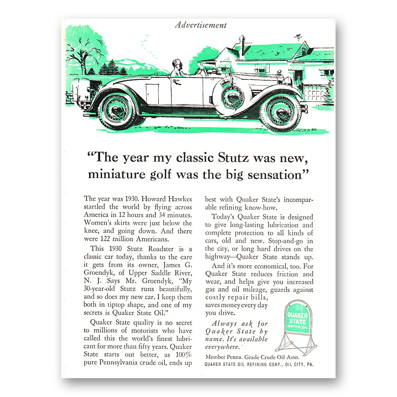 1960 Quaker State Motor Oil Classic Stutz Vintage Magazine Print Ad