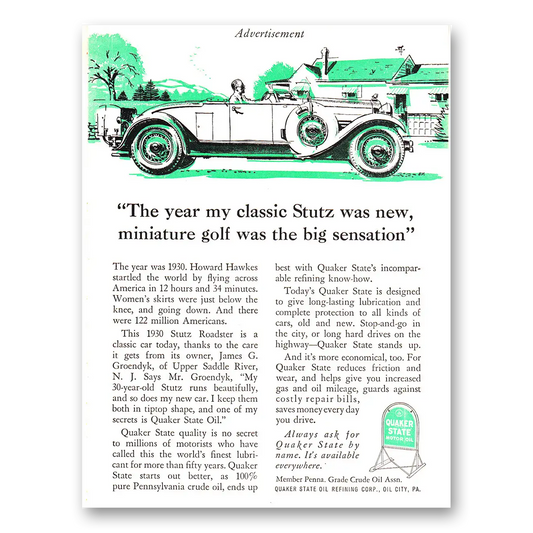 1960 Quaker State Motor Oil Classic Stutz Vintage Magazine Print Ad