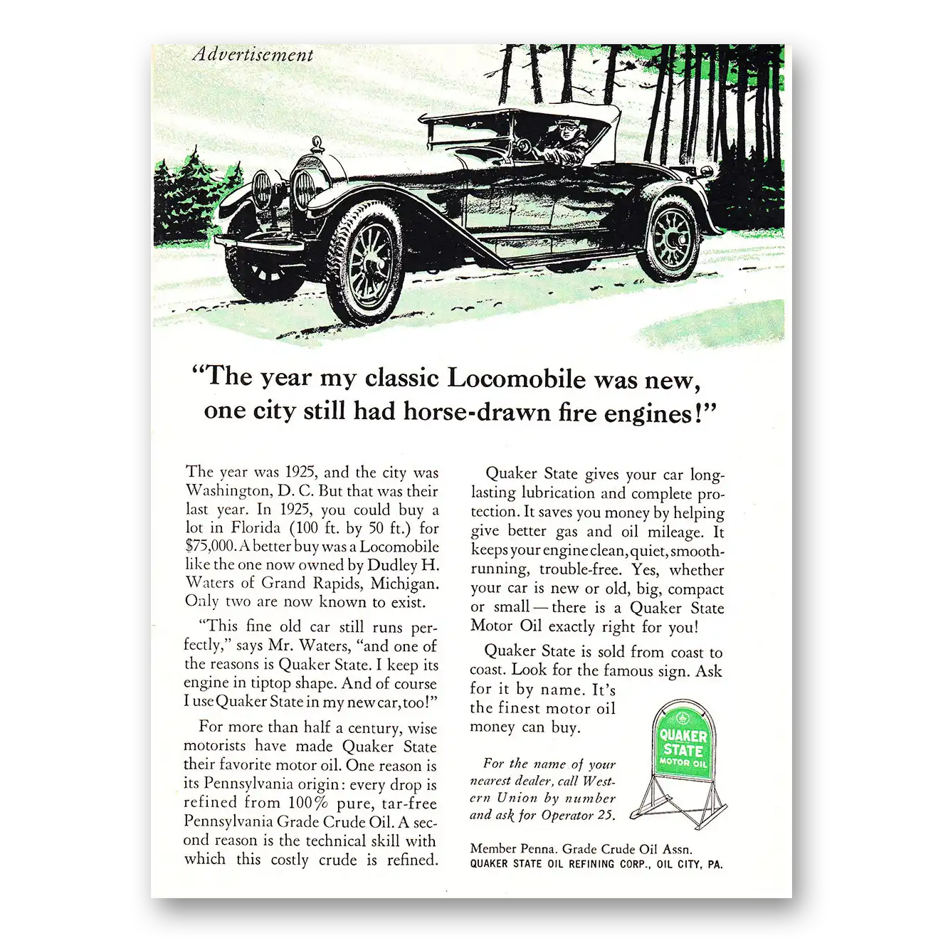 1960 Quaker State Motor Oil My Classic Locomobile Vintage Magazine Print Ad