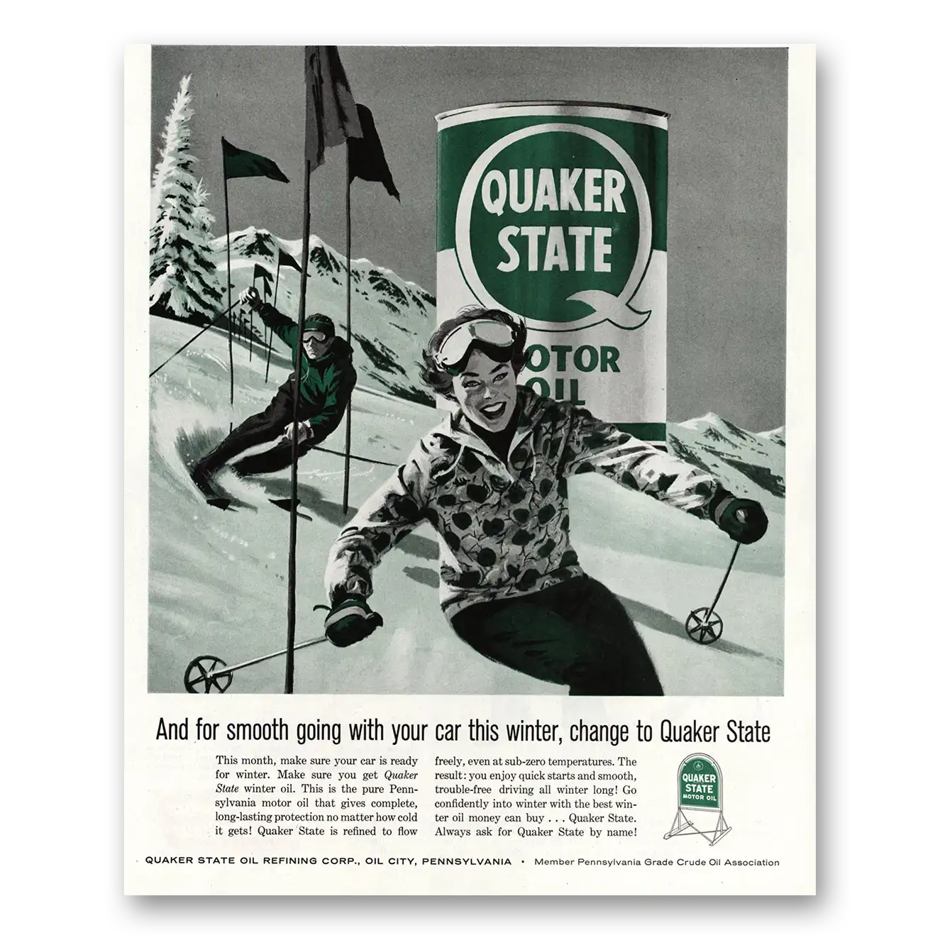 1960 Quaker State Motor Oil Smooth Going With Your Car Skiers Vintage Magazine Print Ad