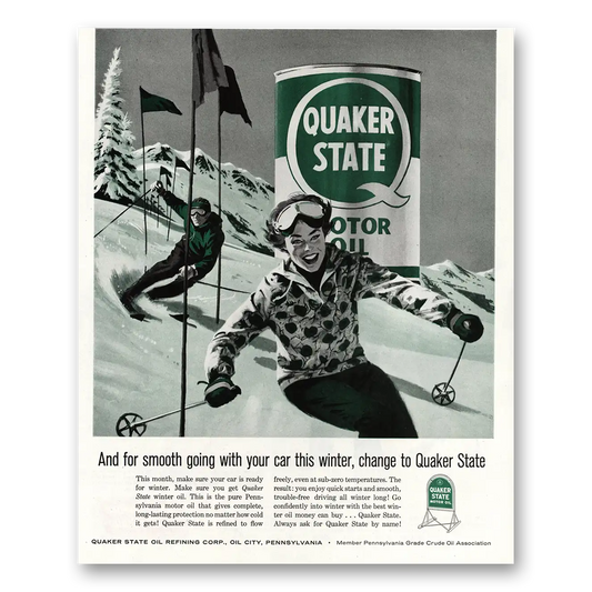 1960 Quaker State Motor Oil Smooth Going With Your Car Skiers Vintage Magazine Print Ad