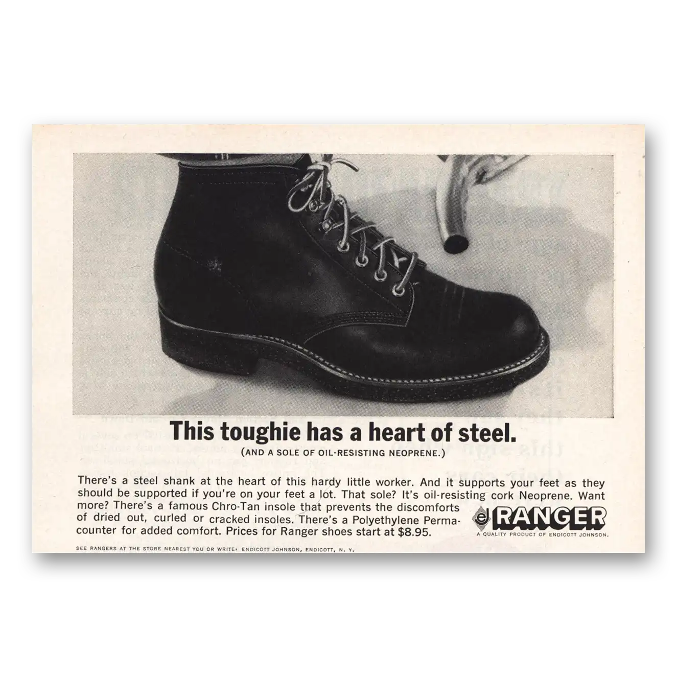 1965 Ranger Shoes Toughie Has a Heart of Steel Vintage Magazine Print Ad