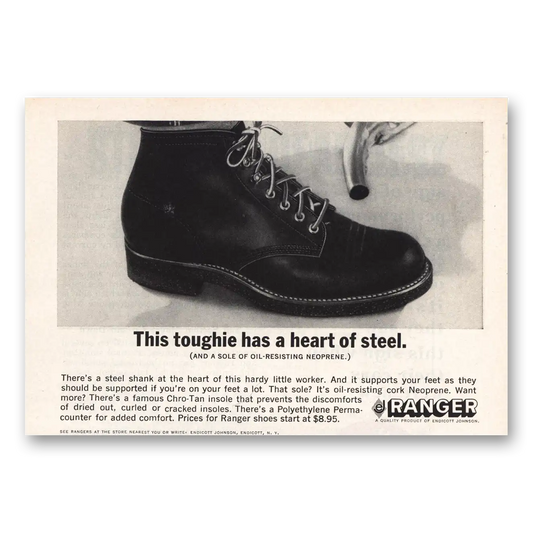 1965 Ranger Shoes Toughie Has a Heart of Steel Vintage Magazine Print Ad