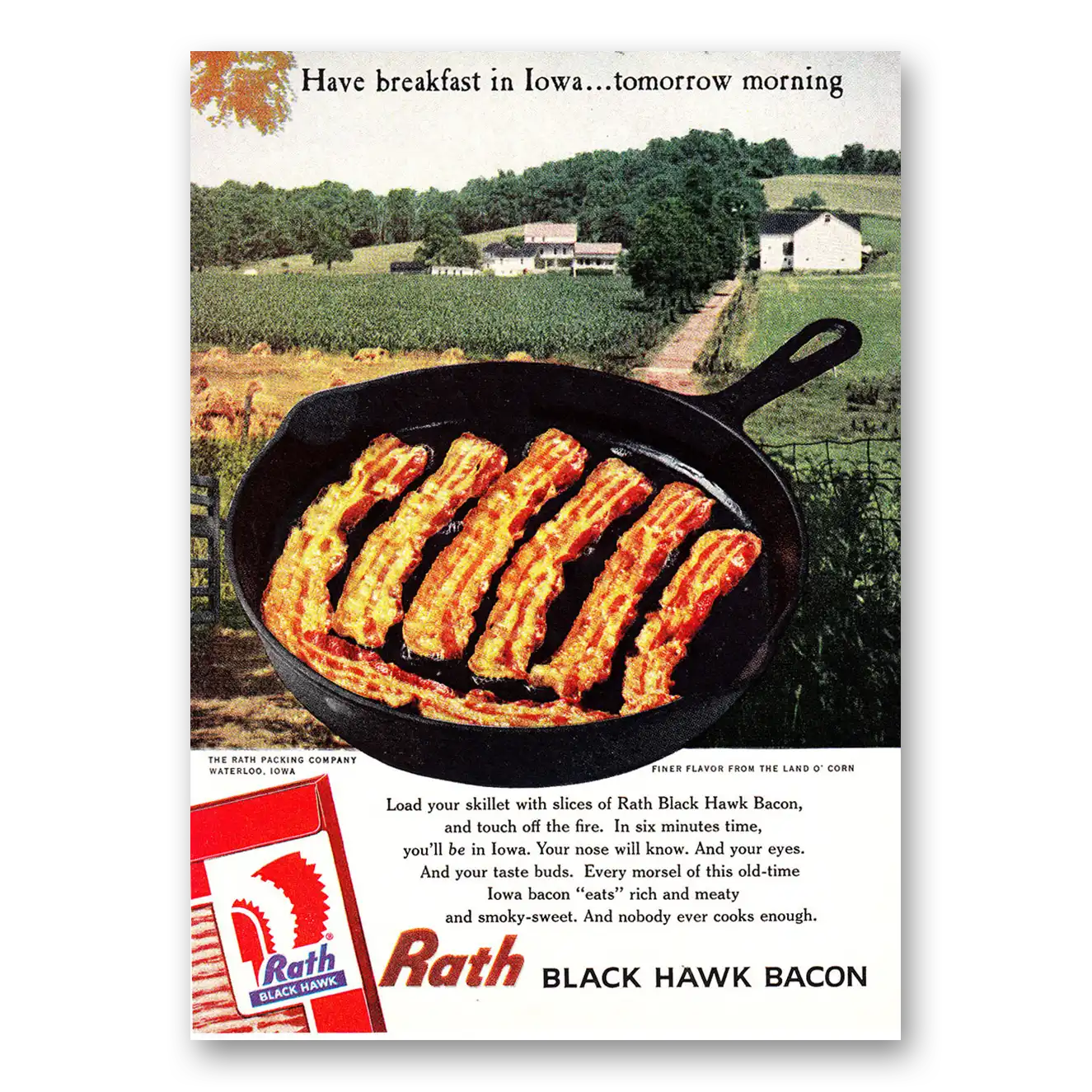 1960 Rath Black Hawk Bacon Bacon Breakfast in Iowa Vintage Magazine Print Ad