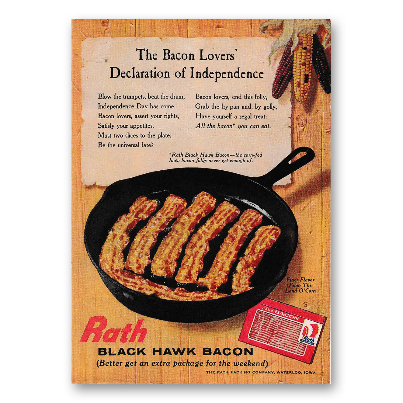 1960 Rath Black Hawk Bacon Bacon Lovers Declaration of Independence Vintage Magazine Print Ad