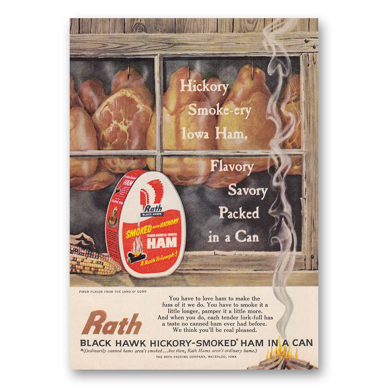 1960 Rath Black Hawk Ham Hickory Smoke ery Iowa Ham Vintage Magazine Print Ad