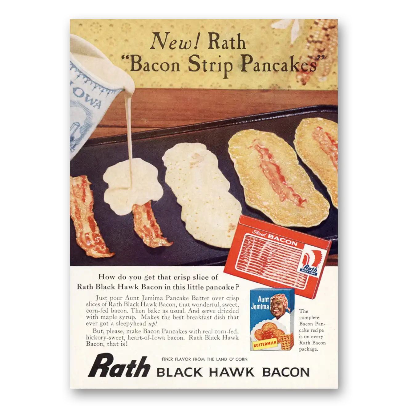 1960 Rath Black Hawk Bacon Bacon Strip Pancakes Vintage Magazine Print Ad