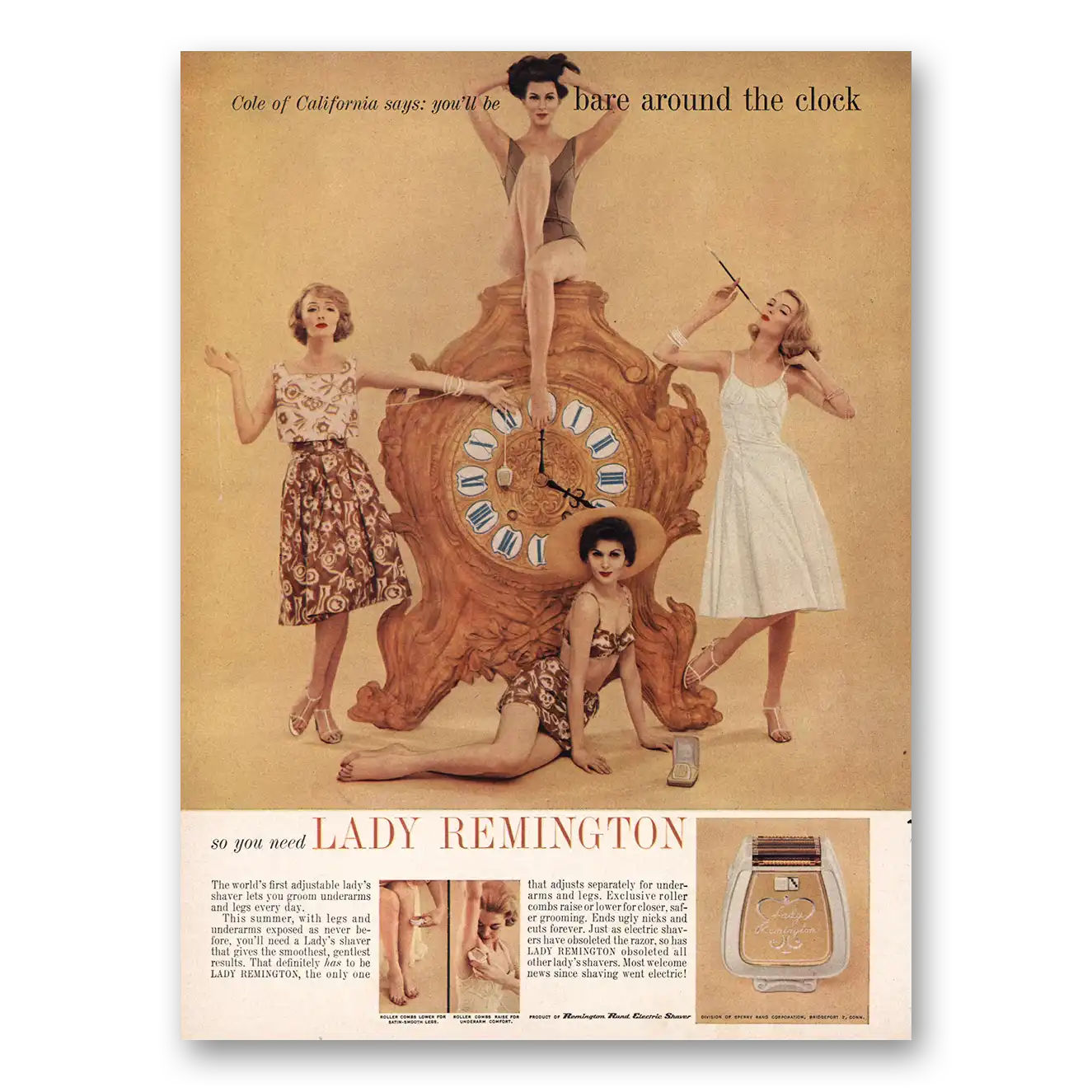 1960 Lady Remington Shaver Cole of California Bare Around the Clock Vintage Magazine Print Ad