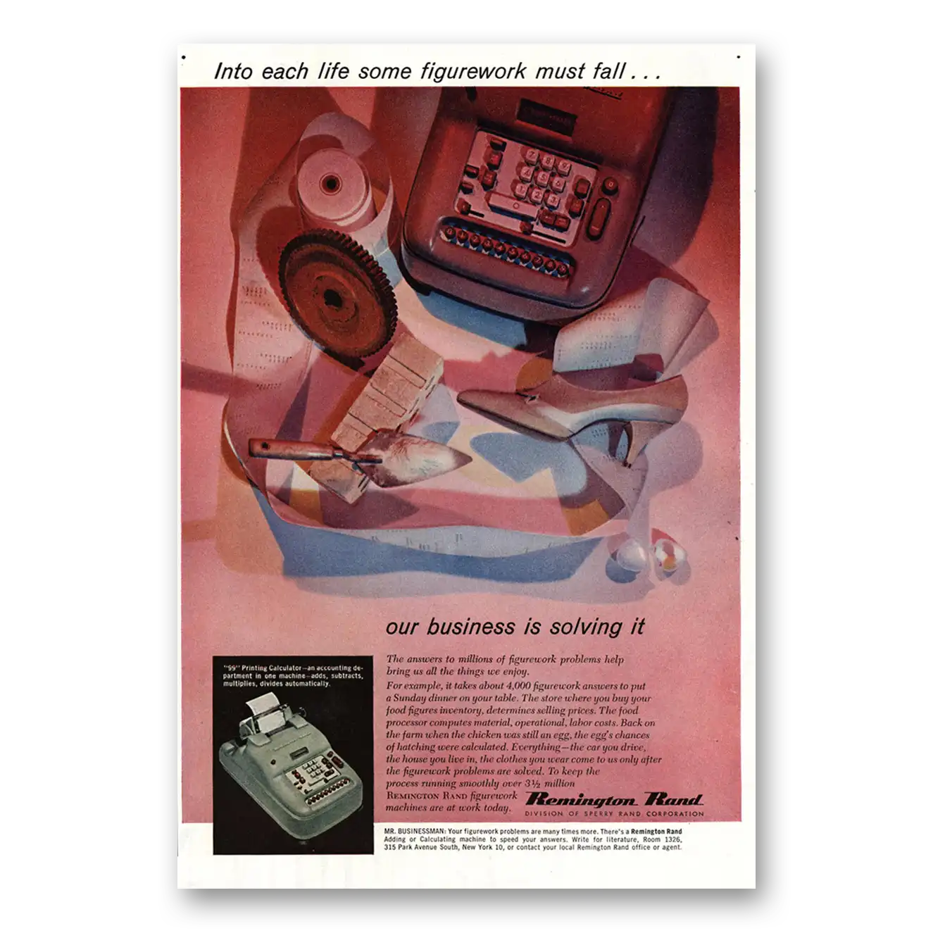 1960 Remington Rand Printing Calculator Into Each Life Some Figurework Must Fall Vintage Magazine Print Ad