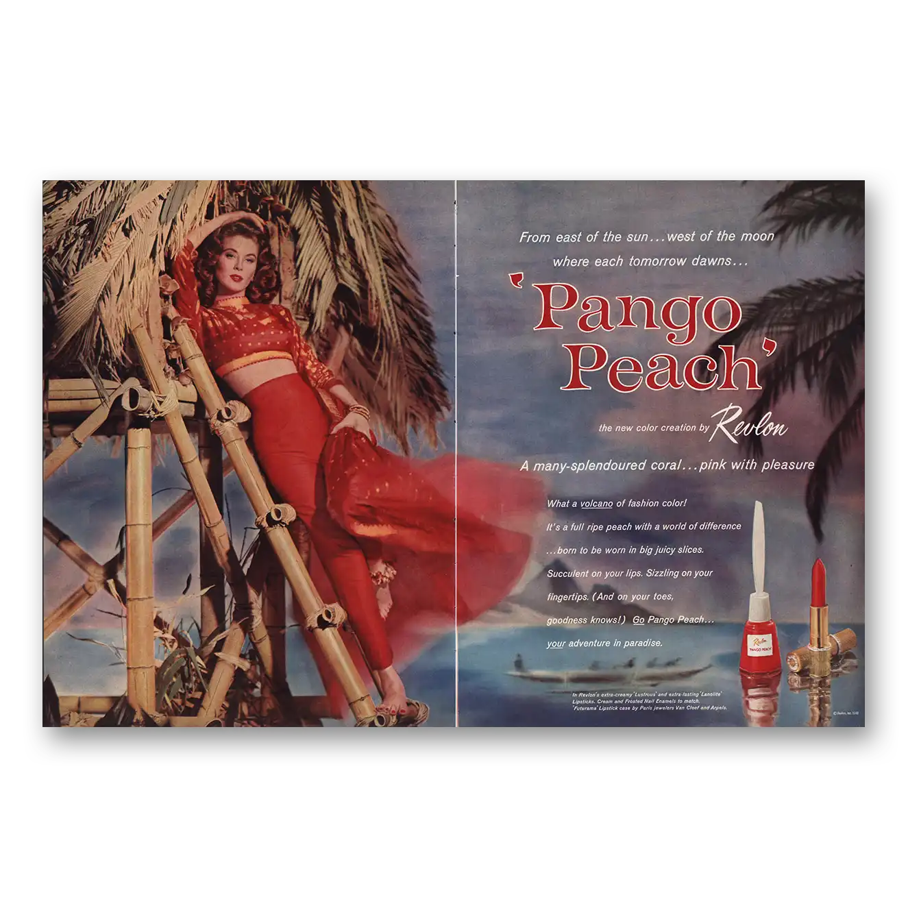 1960 Revlon Pango Peach From East of the Sun Vintage Magazine Print Ad