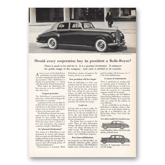 1960 Rolls Royce Should Every Corporation Buy Its President Vintage Magazine Print Ad