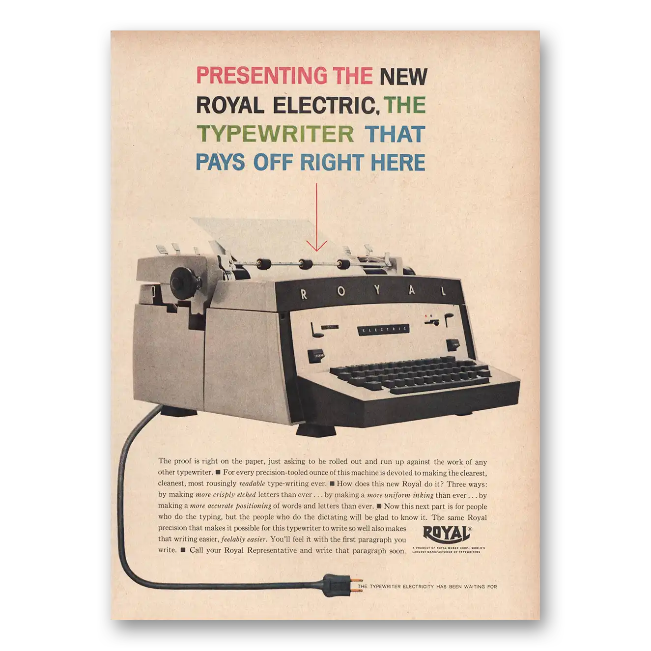 1960 Royal Typewriter Pays Off Right Here Vintage Magazine Print Ad